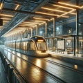 DALL·E 2024-02-02 13.43.13 - Create a realistic image of a tram station at night that has been upgraded with modern elements. The station should have practical metal structures an.webp