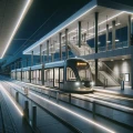 DALL·E 2024-02-02 13.46.14 - Design a realistic tram station at night, enhanced with subtle LED lighting for a refined look. The architecture should be contemporary with clean lin.webp