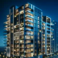 DALL·E 2024-02-06 15.11.45 - A modern 25-story building with large windows and balconies, illuminated by LED strips in a dark blue night setting. The building's design is sleek an.webp